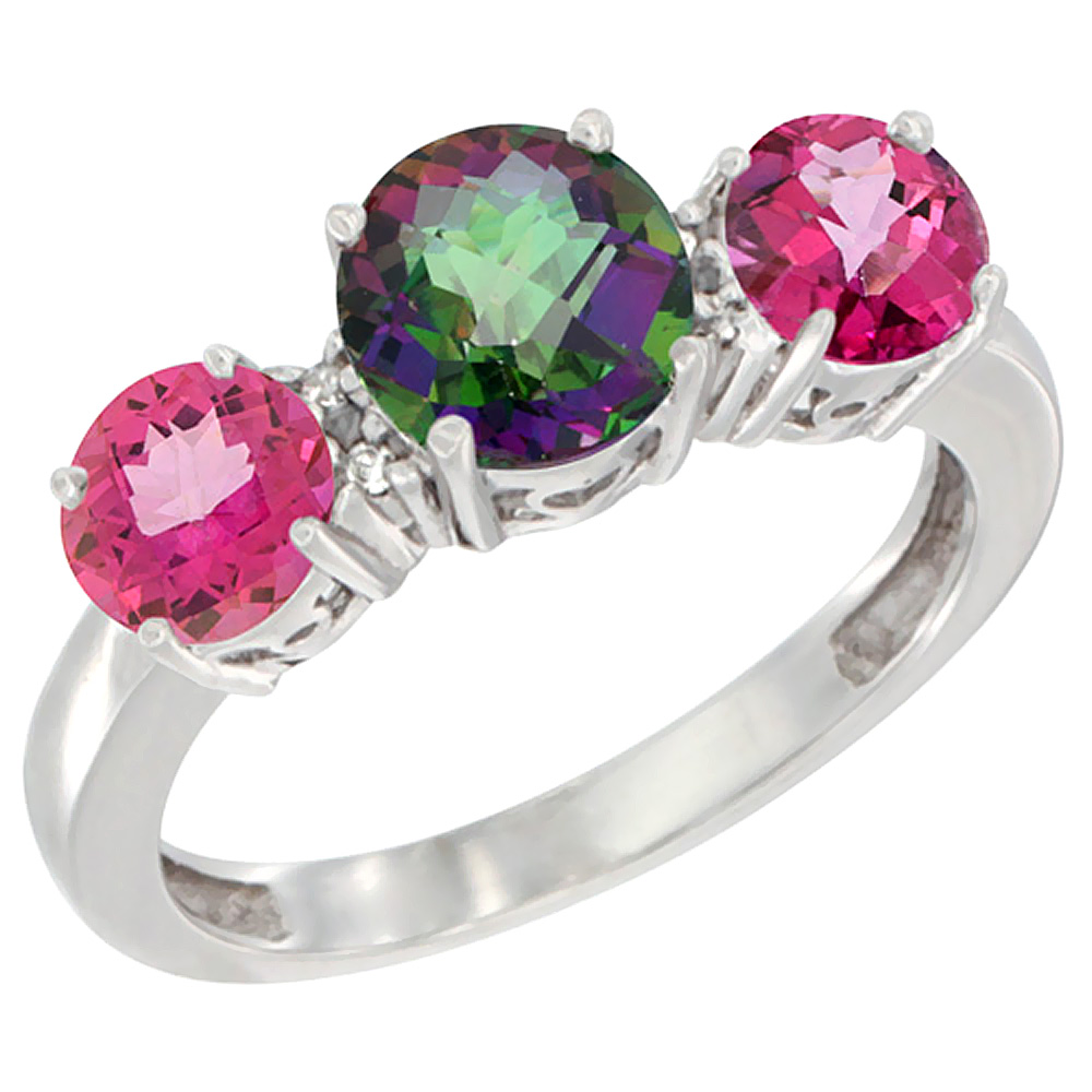 14K White Gold Round 3-Stone Natural Mystic Topaz Ring & Pink Topaz Sides Diamond Accent, sizes 5 - 10