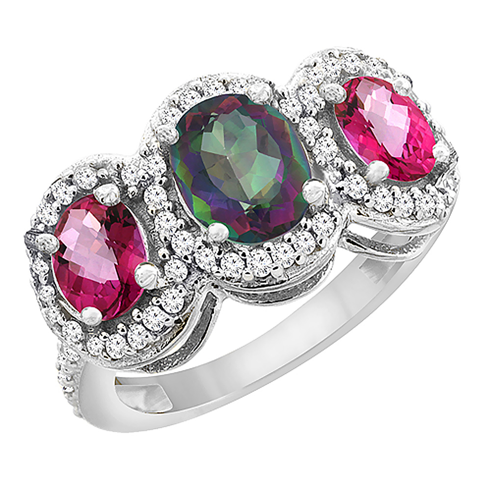 14K White Gold Natural Mystic Topaz & Pink Topaz 3-Stone Ring Oval Diamond Accent, sizes 5 - 10