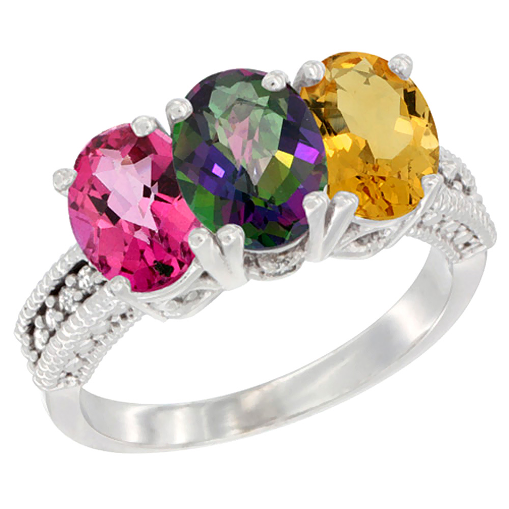 14K White Gold Natural Pink Topaz, Mystic Topaz & Citrine Ring 3-Stone 7x5 mm Oval Diamond Accent, sizes 5 - 10