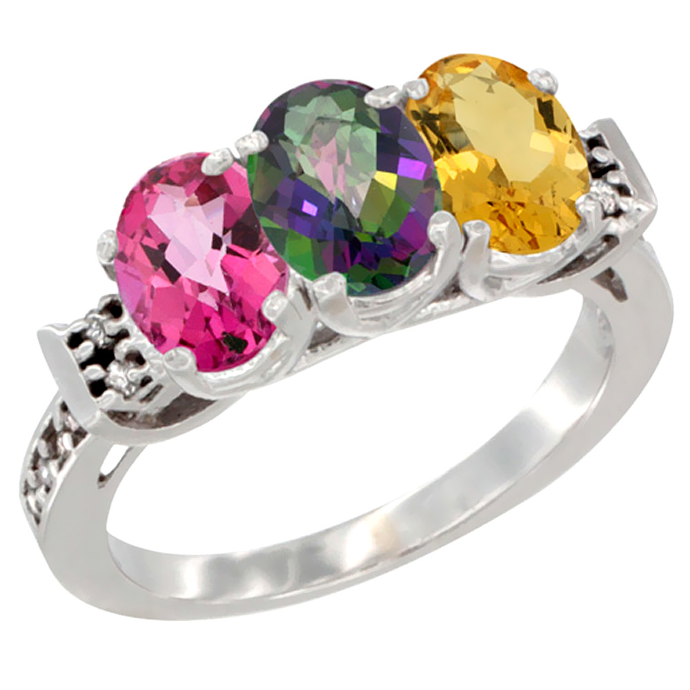 14K White Gold Natural Pink Topaz, Mystic Topaz & Citrine Ring 3-Stone 7x5 mm Oval Diamond Accent, sizes 5 - 10