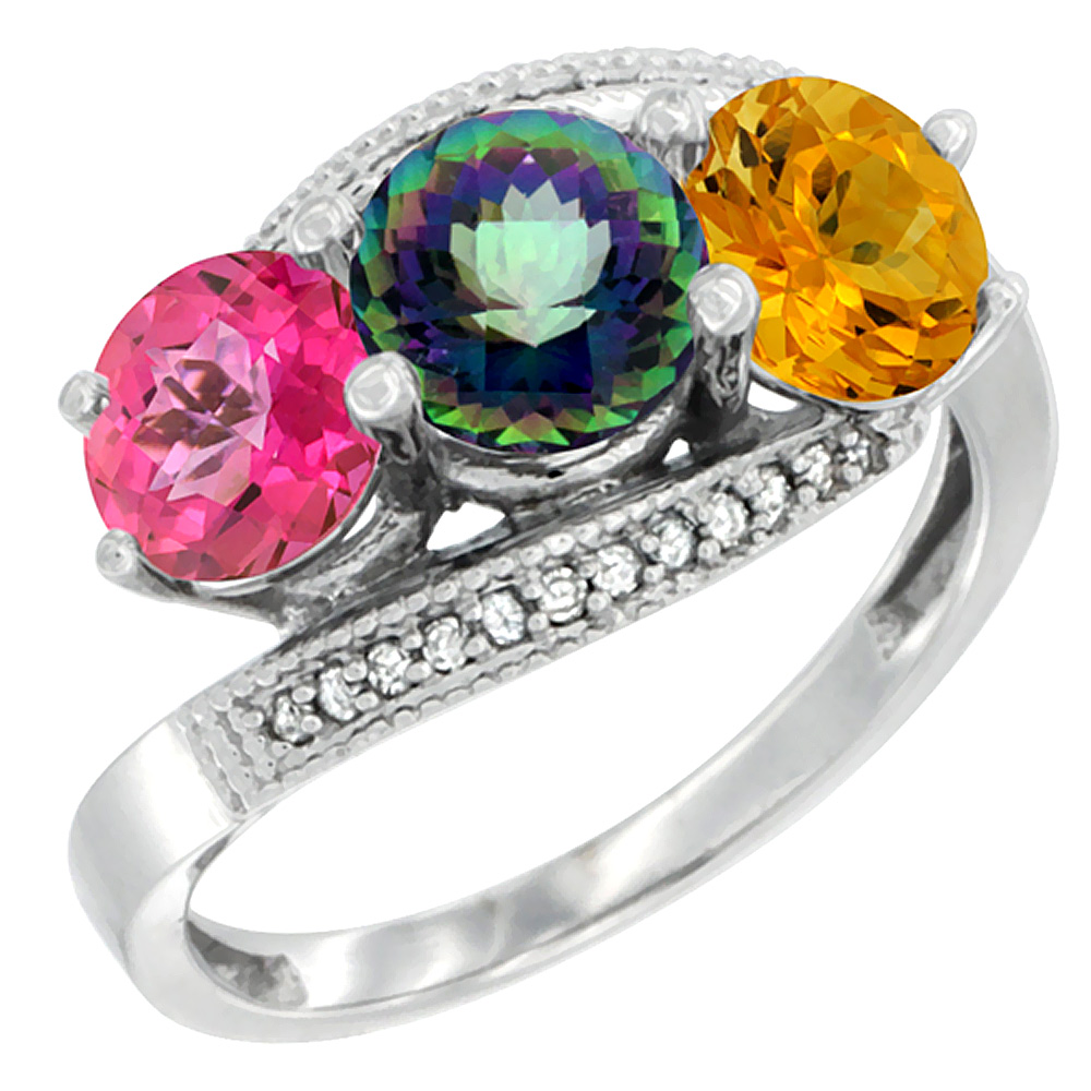 10K White Gold Natural Pink Topaz, Mystic Topaz & Citrine 3 stone Ring Round 6mm Diamond Accent, sizes 5 - 10