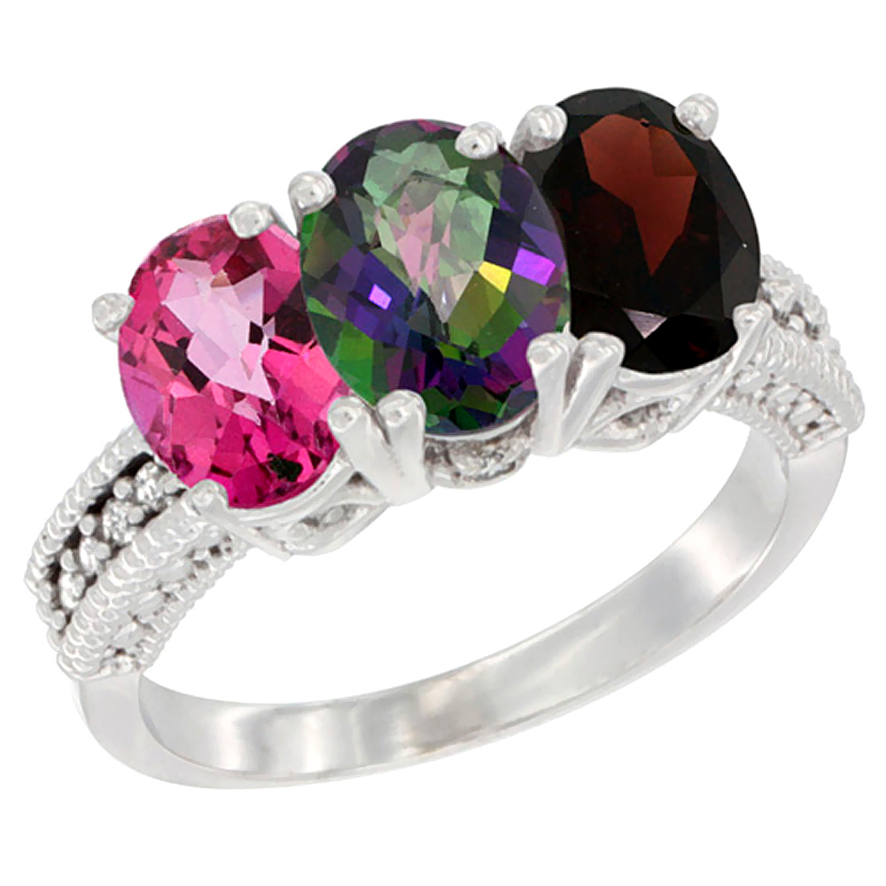 10K White Gold Natural Pink Topaz, Mystic Topaz & Garnet Ring 3-Stone Oval 7x5 mm Diamond Accent, sizes 5 - 10