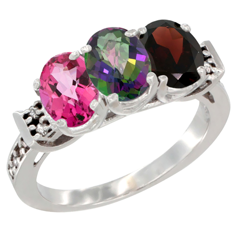 14K White Gold Natural Pink Topaz, Mystic Topaz & Garnet Ring 3-Stone 7x5 mm Oval Diamond Accent, sizes 5 - 10