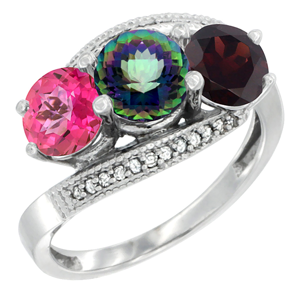 10K White Gold Natural Pink Topaz, Mystic Topaz & Garnet 3 stone Ring Round 6mm Diamond Accent, sizes 5 - 10