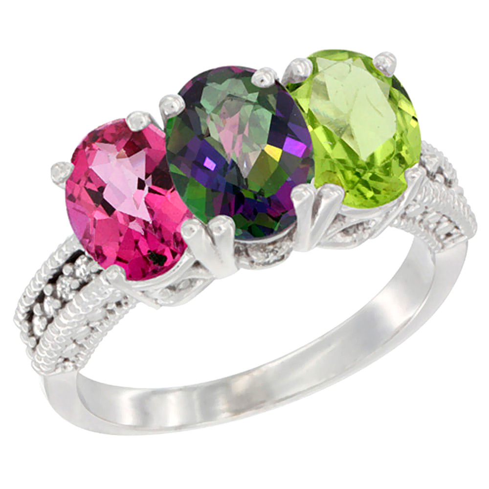 14K White Gold Natural Pink Topaz, Mystic Topaz & Peridot Ring 3-Stone 7x5 mm Oval Diamond Accent, sizes 5 - 10