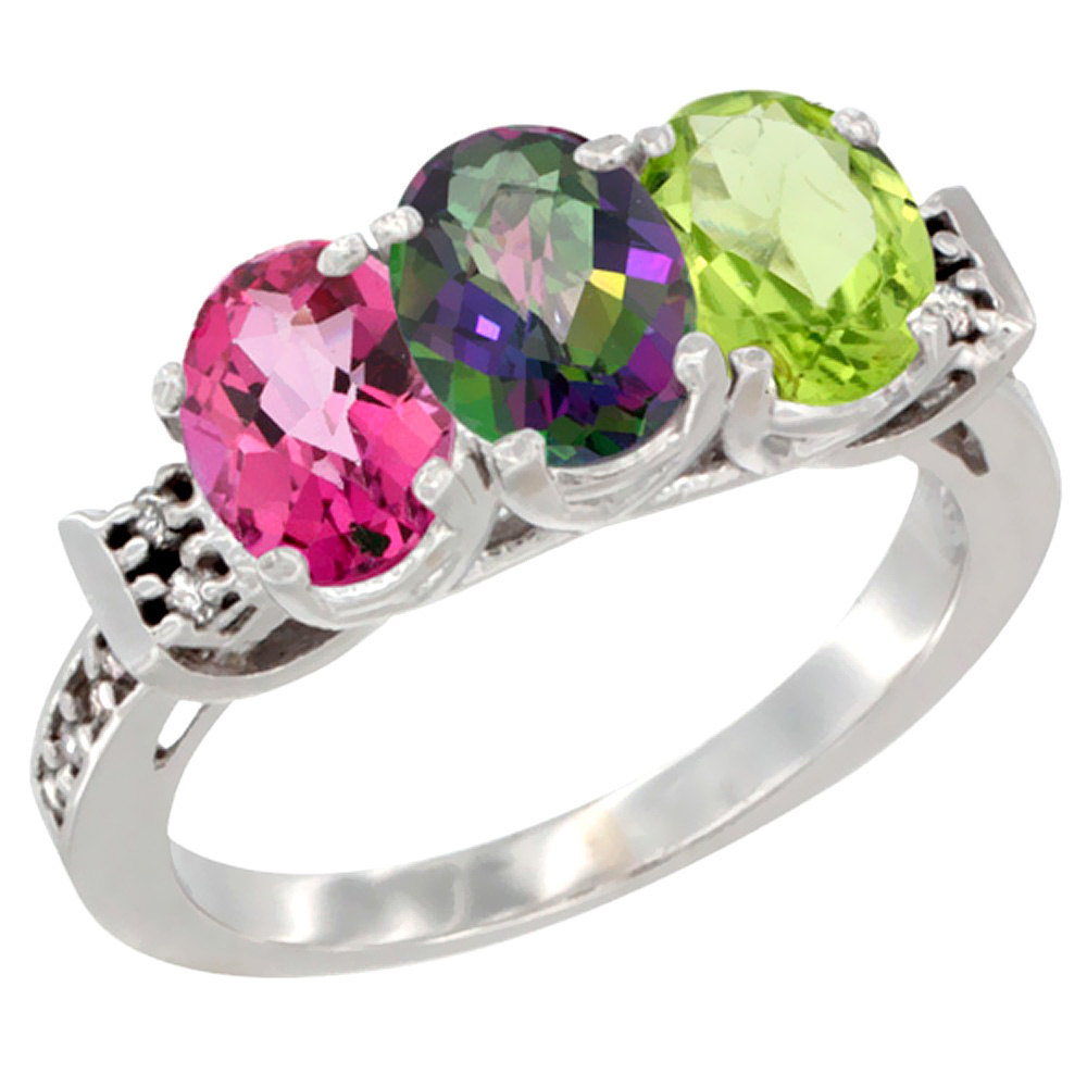 14K White Gold Natural Pink Topaz, Mystic Topaz & Peridot Ring 3-Stone 7x5 mm Oval Diamond Accent, sizes 5 - 10