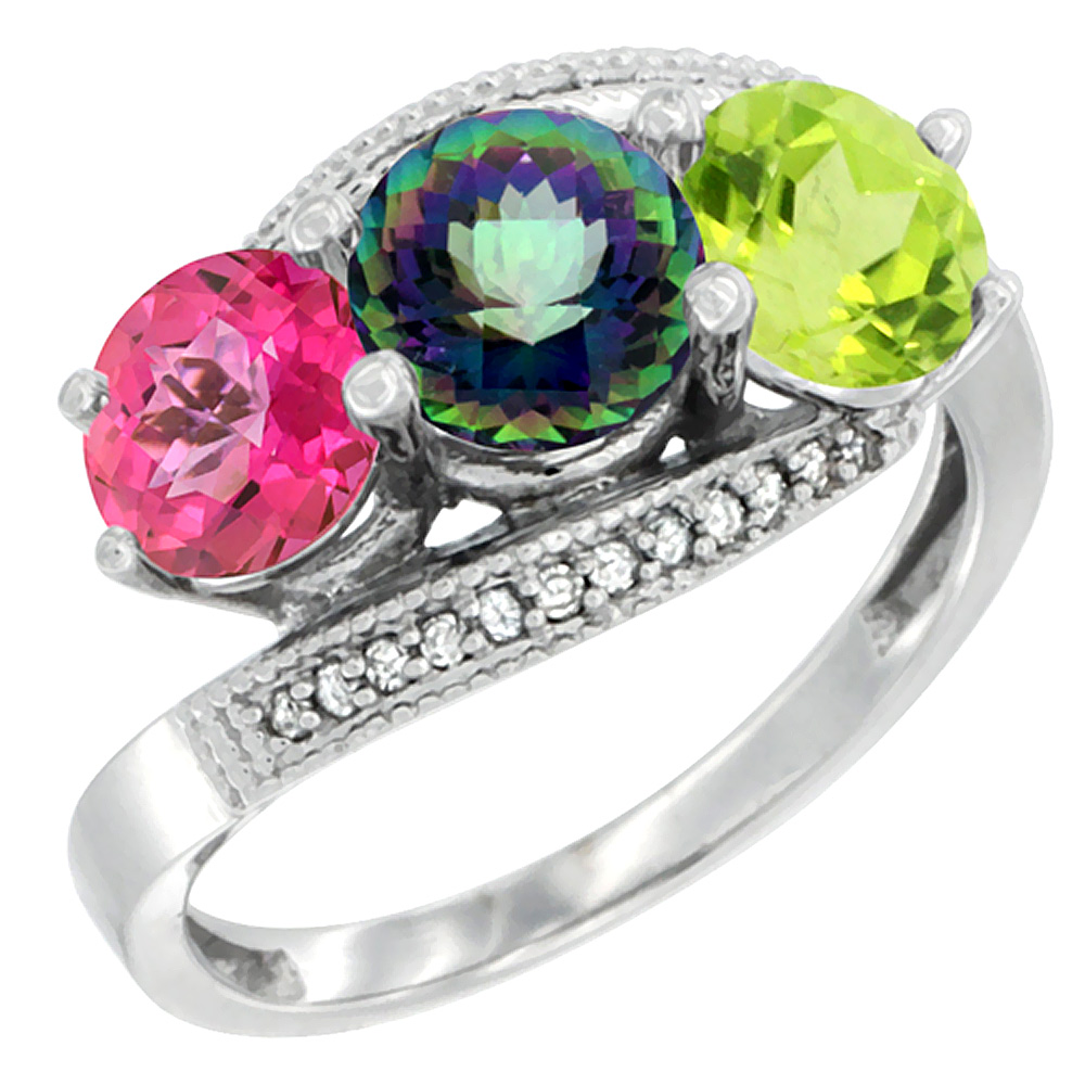 10K White Gold Natural Pink Topaz, Mystic Topaz & Peridot 3 stone Ring Round 6mm Diamond Accent, sizes 5 - 10