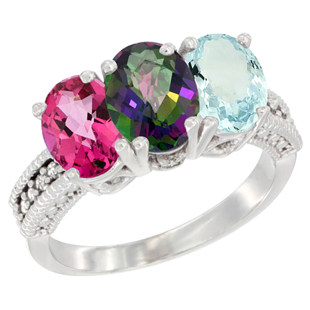 14K White Gold Natural Pink Topaz, Mystic Topaz & Aquamarine Ring 3-Stone 7x5 mm Oval Diamond Accent, sizes 5 - 10