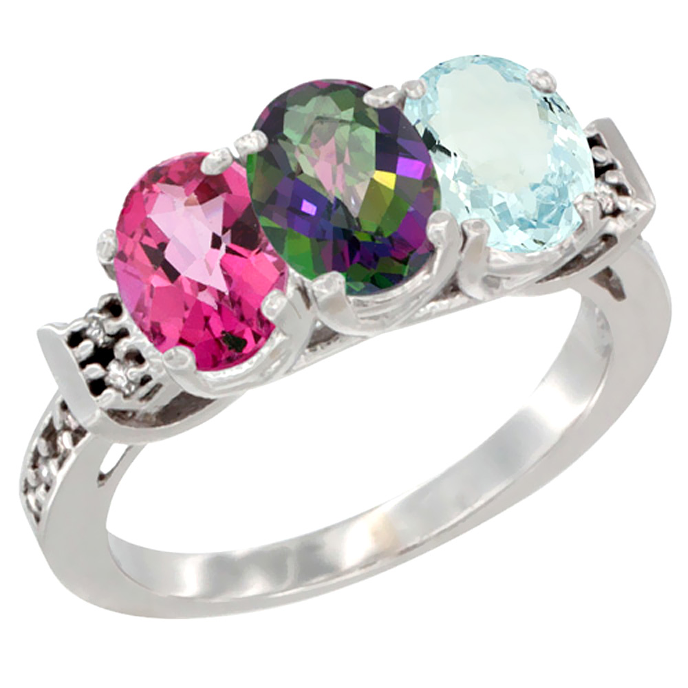 10K White Gold Natural Pink Topaz, Mystic Topaz & Aquamarine Ring 3-Stone Oval 7x5 mm Diamond Accent, sizes 5 - 10