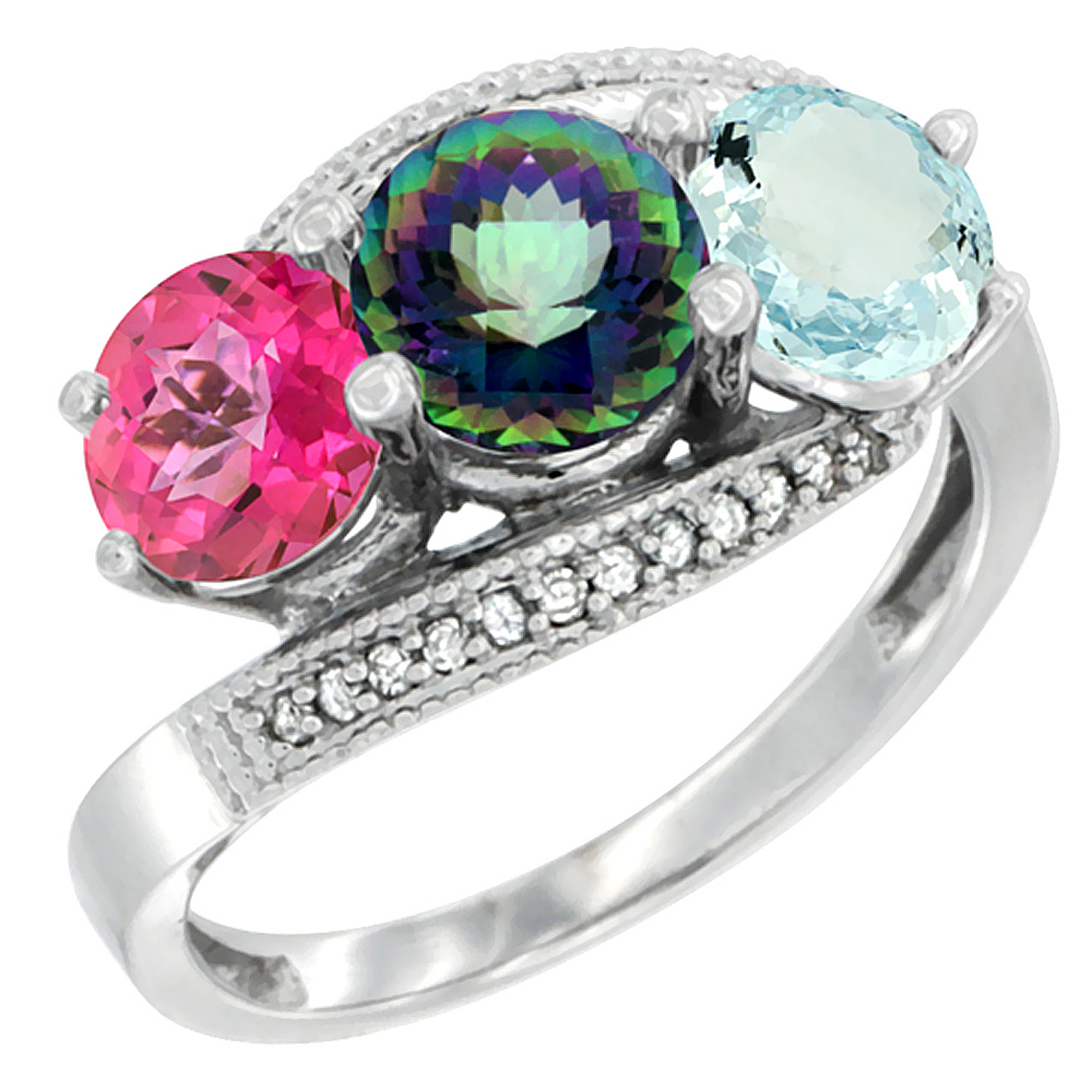 14K White Gold Natural Pink Topaz, Mystic Topaz & Aquamarine 3 stone Ring Round 6mm Diamond Accent, sizes 5 - 10