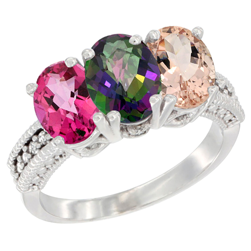 10K White Gold Natural Pink Topaz, Mystic Topaz & Morganite Ring 3-Stone Oval 7x5 mm Diamond Accent, sizes 5 - 10