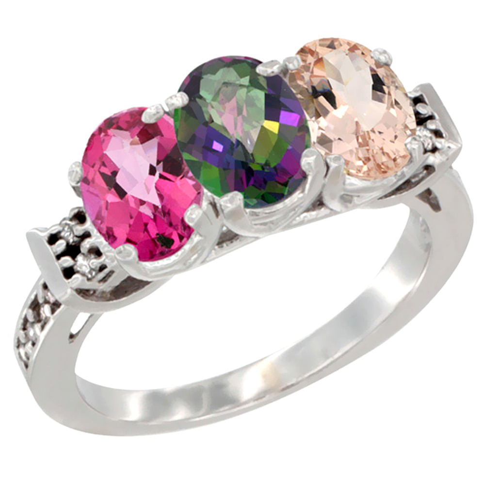 14K White Gold Natural Pink Topaz, Mystic Topaz &amp; Morganite Ring 3-Stone 7x5 mm Oval Diamond Accent, sizes 5 - 10