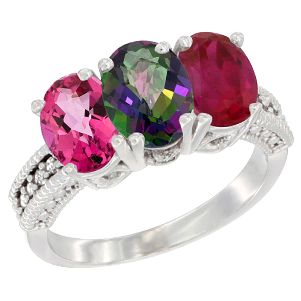 14K White Gold Natural Pink Topaz, Mystic Topaz & Enhanced Ruby Ring 3-Stone 7x5 mm Oval Diamond Accent, sizes 5 - 10