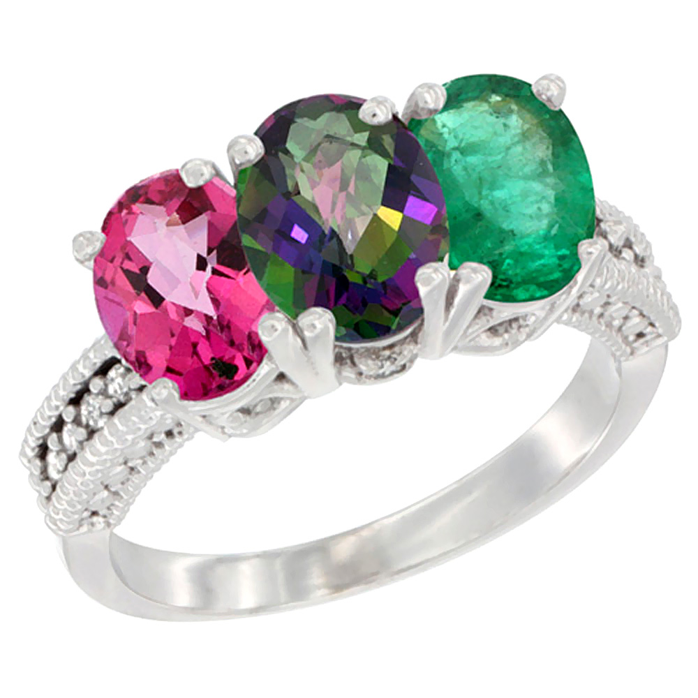 10K White Gold Natural Pink Topaz, Mystic Topaz & Emerald Ring 3-Stone Oval 7x5 mm Diamond Accent, sizes 5 - 10