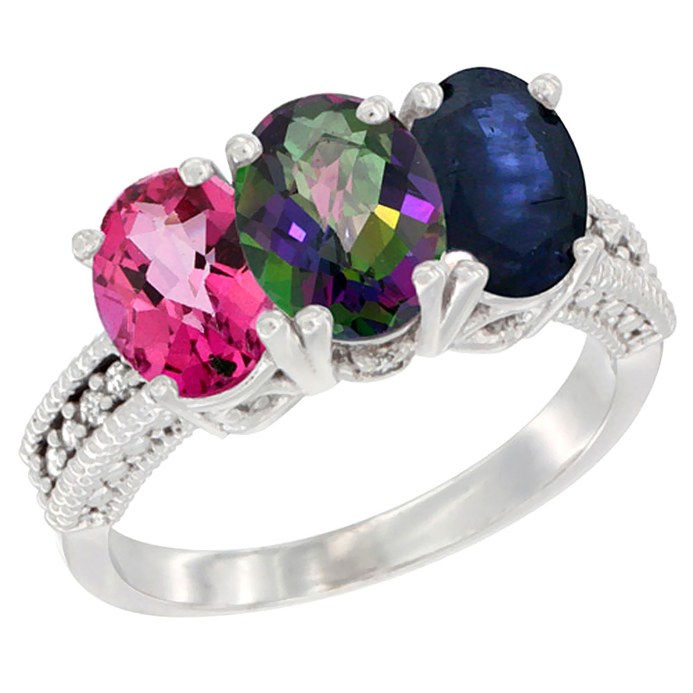 14K White Gold Natural Pink Topaz, Mystic Topaz & Blue Sapphire Ring 3-Stone 7x5 mm Oval Diamond Accent, sizes 5 - 10