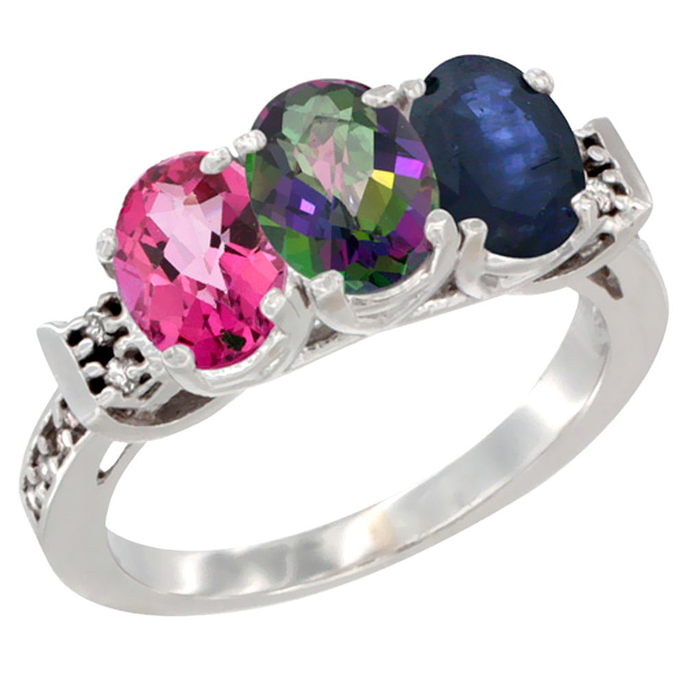 10K White Gold Natural Pink Topaz, Mystic Topaz & Blue Sapphire Ring 3-Stone Oval 7x5 mm Diamond Accent, sizes 5 - 10