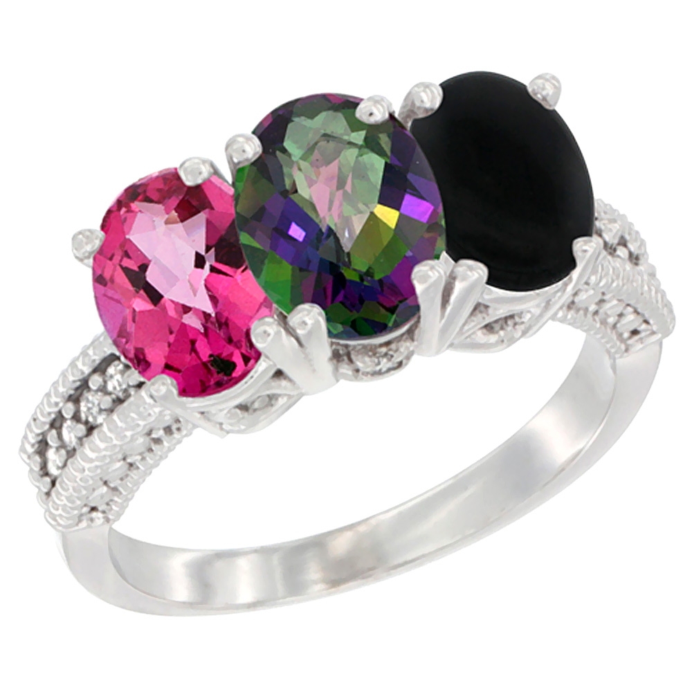 10K White Gold Natural Pink Topaz, Mystic Topaz & Black Onyx Ring 3-Stone Oval 7x5 mm Diamond Accent, sizes 5 - 10