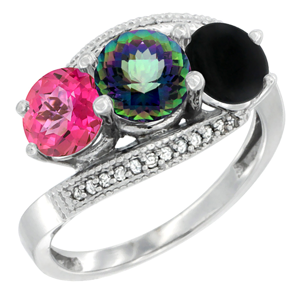 14K White Gold Natural Pink Topaz, Mystic Topaz &amp; Black Onyx 3 stone Ring Round 6mm Diamond Accent, sizes 5 - 10