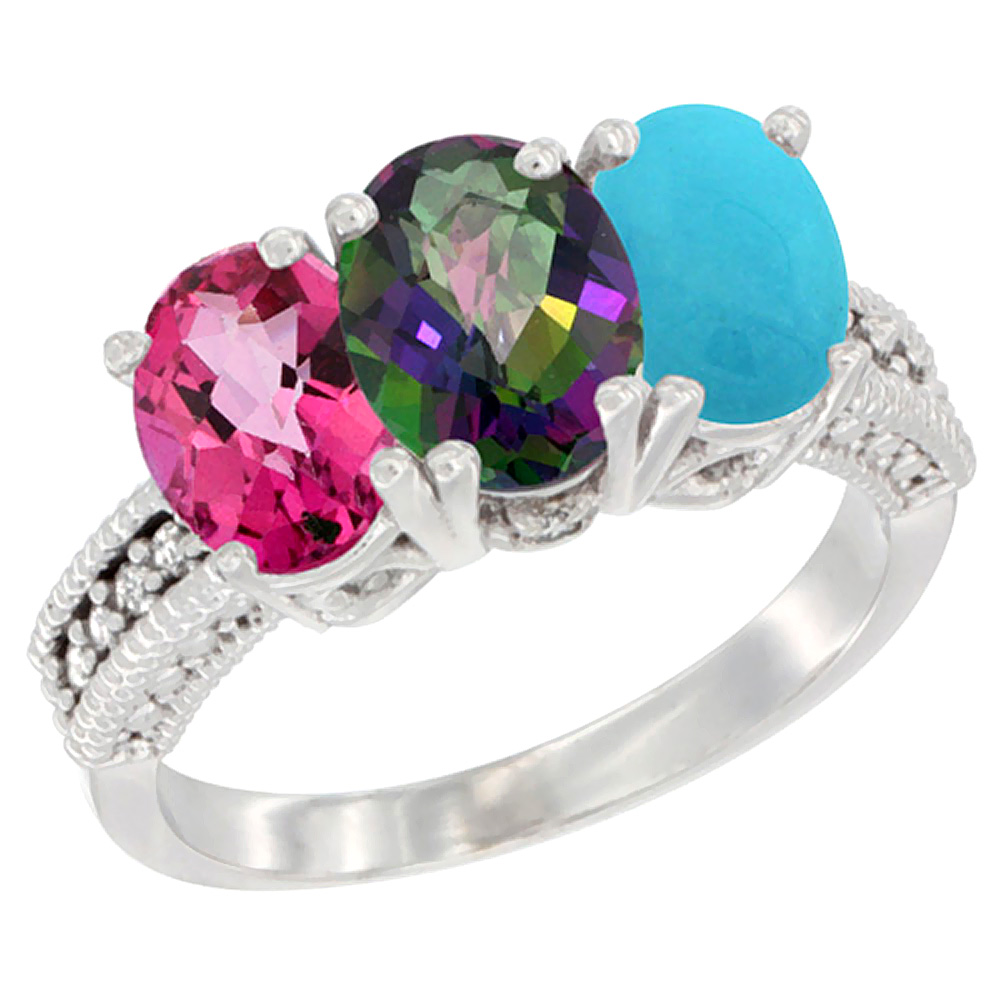 14K White Gold Natural Pink Topaz, Mystic Topaz & Turquoise Ring 3-Stone 7x5 mm Oval Diamond Accent, sizes 5 - 10