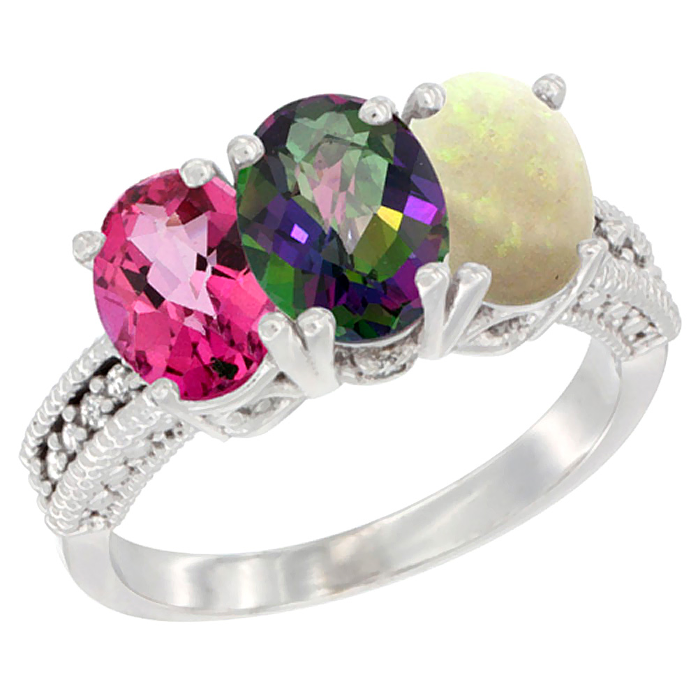 14K White Gold Natural Pink Topaz, Mystic Topaz & Opal Ring 3-Stone 7x5 mm Oval Diamond Accent, sizes 5 - 10