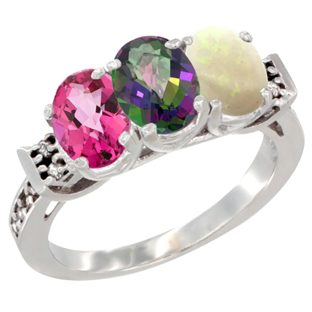 10K White Gold Natural Pink Topaz, Mystic Topaz & Opal Ring 3-Stone Oval 7x5 mm Diamond Accent, sizes 5 - 10