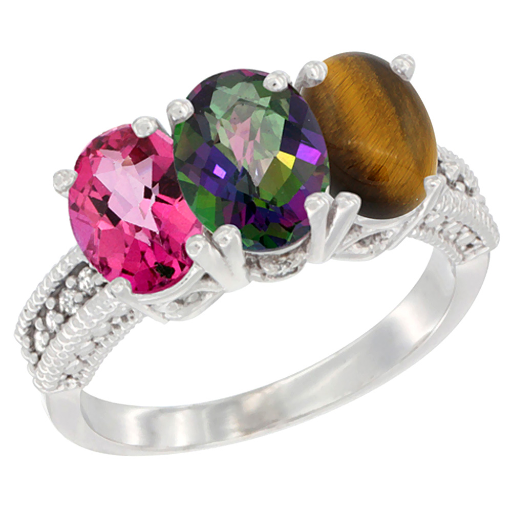 14K White Gold Natural Pink Topaz, Mystic Topaz & Tiger Eye Ring 3-Stone 7x5 mm Oval Diamond Accent, sizes 5 - 10