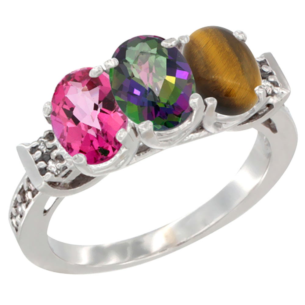 14K White Gold Natural Pink Topaz, Mystic Topaz & Tiger Eye Ring 3-Stone 7x5 mm Oval Diamond Accent, sizes 5 - 10