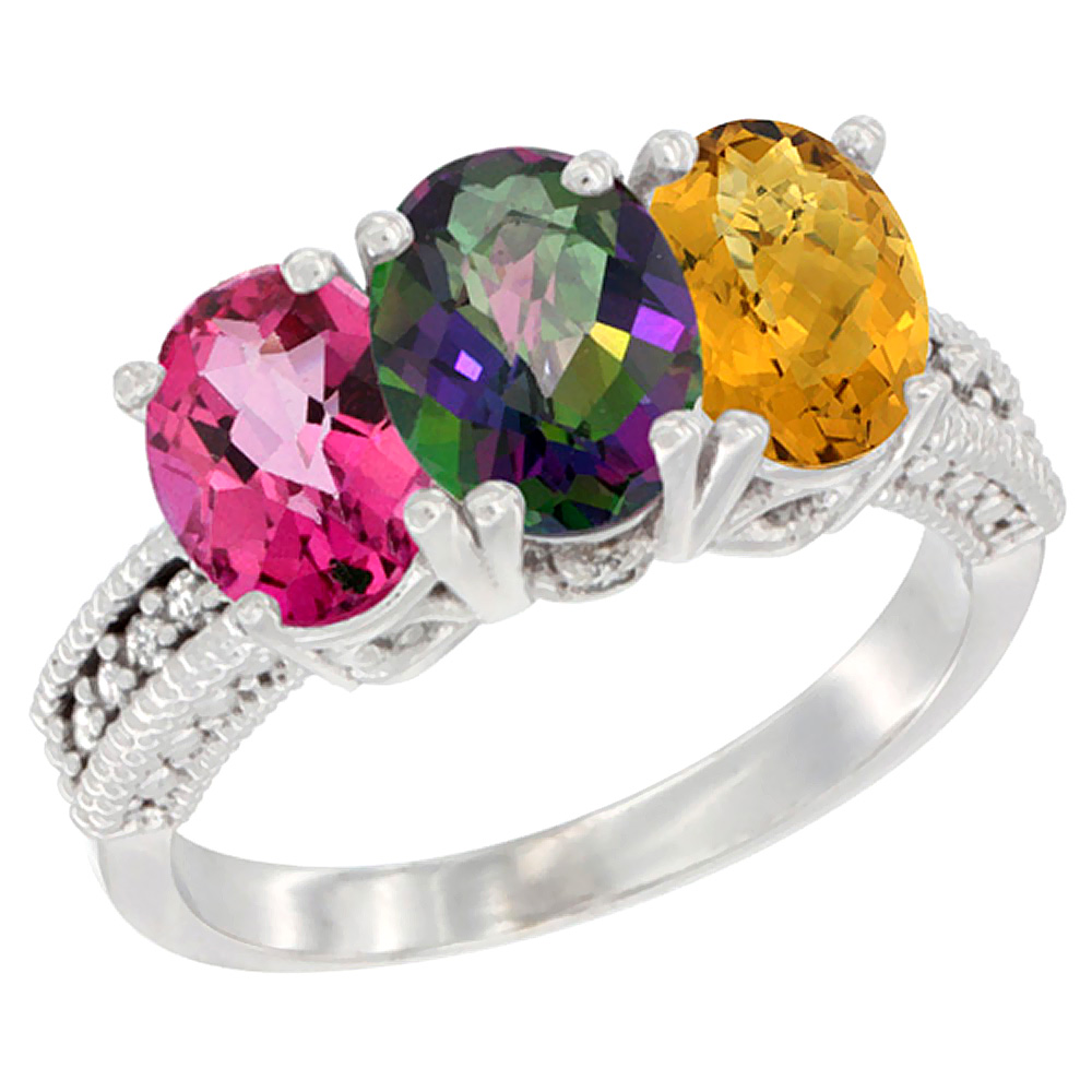 14K White Gold Natural Pink Topaz, Mystic Topaz &amp; Whisky Quartz Ring 3-Stone 7x5 mm Oval Diamond Accent, sizes 5 - 10