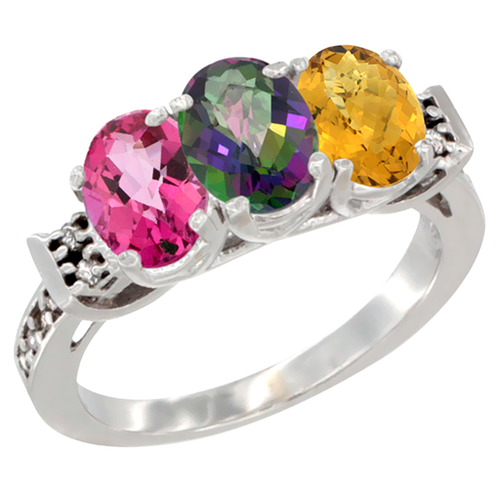 14K White Gold Natural Pink Topaz, Mystic Topaz & Whisky Quartz Ring 3-Stone 7x5 mm Oval Diamond Accent, sizes 5 - 10