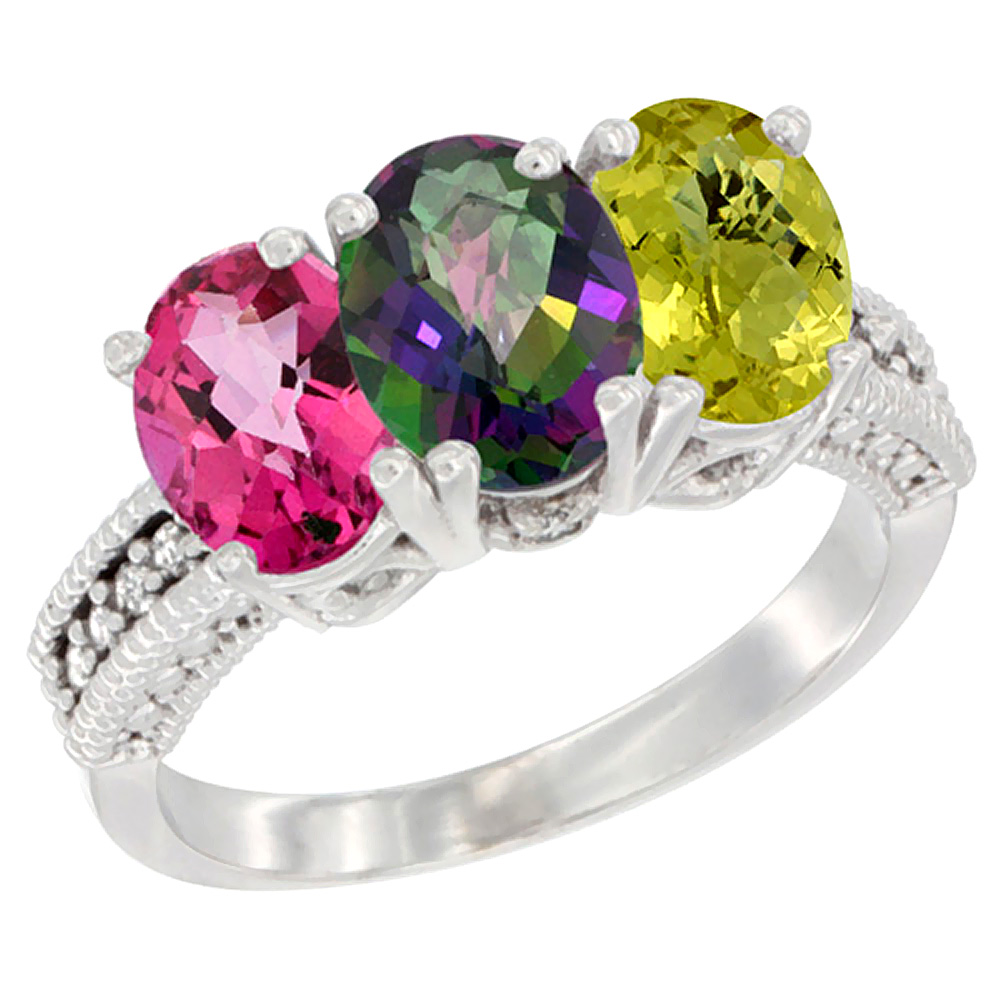 14K White Gold Natural Pink Topaz, Mystic Topaz & Lemon Quartz Ring 3-Stone 7x5 mm Oval Diamond Accent, sizes 5 - 10