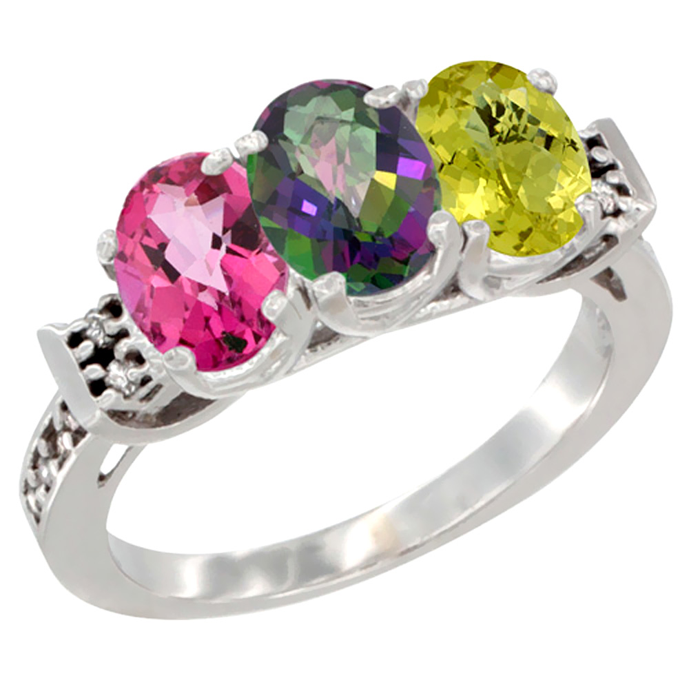 14K White Gold Natural Pink Topaz, Mystic Topaz &amp; Lemon Quartz Ring 3-Stone 7x5 mm Oval Diamond Accent, sizes 5 - 10