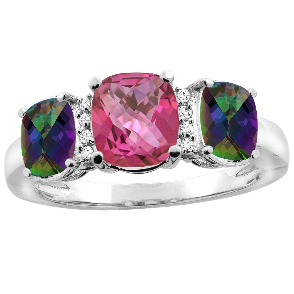 14K White Gold Natural Pink Topaz & Mystic Topaz 3-stone Ring Cushion 8x6mm Diamond Accent, sizes 5 - 10