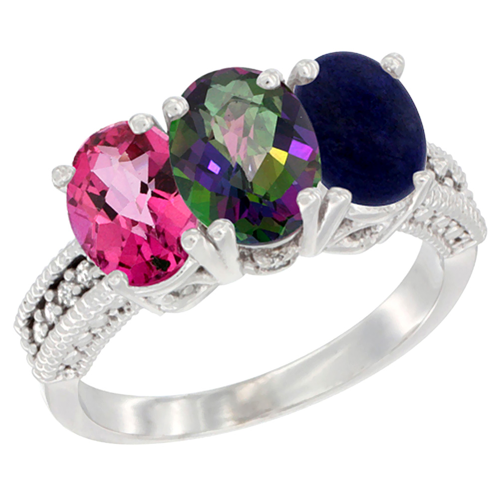 14K White Gold Natural Pink Topaz, Mystic Topaz &amp; Lapis Ring 3-Stone 7x5 mm Oval Diamond Accent, sizes 5 - 10