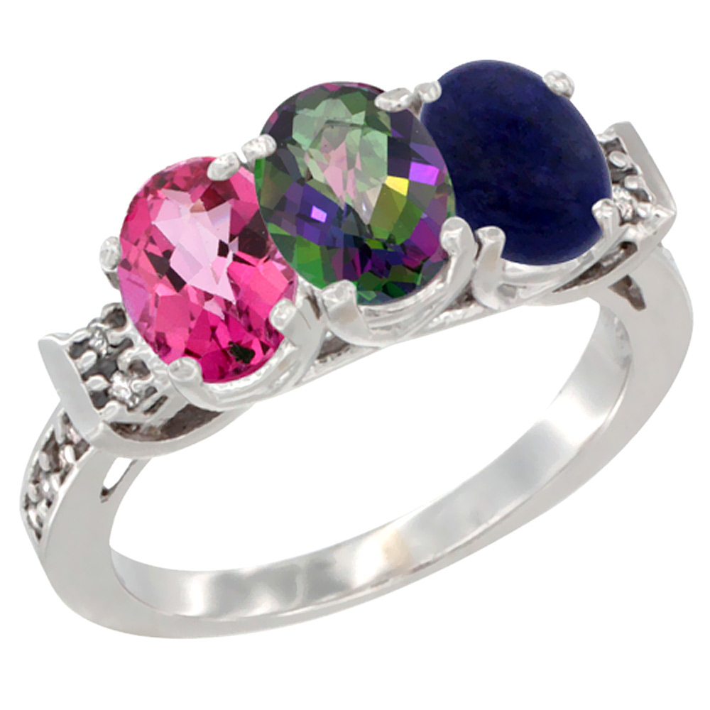 10K White Gold Natural Pink Topaz, Mystic Topaz & Lapis Ring 3-Stone Oval 7x5 mm Diamond Accent, sizes 5 - 10