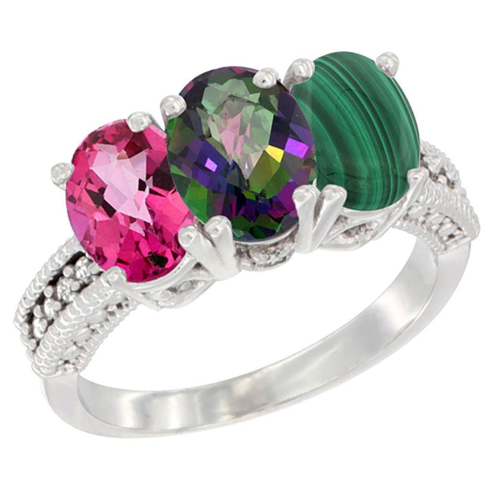 10K White Gold Natural Pink Topaz, Mystic Topaz & Malachite Ring 3-Stone Oval 7x5 mm Diamond Accent, sizes 5 - 10