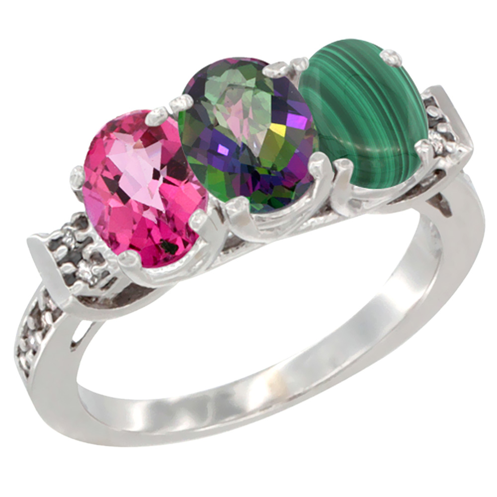 10K White Gold Natural Pink Topaz, Mystic Topaz & Malachite Ring 3-Stone Oval 7x5 mm Diamond Accent, sizes 5 - 10