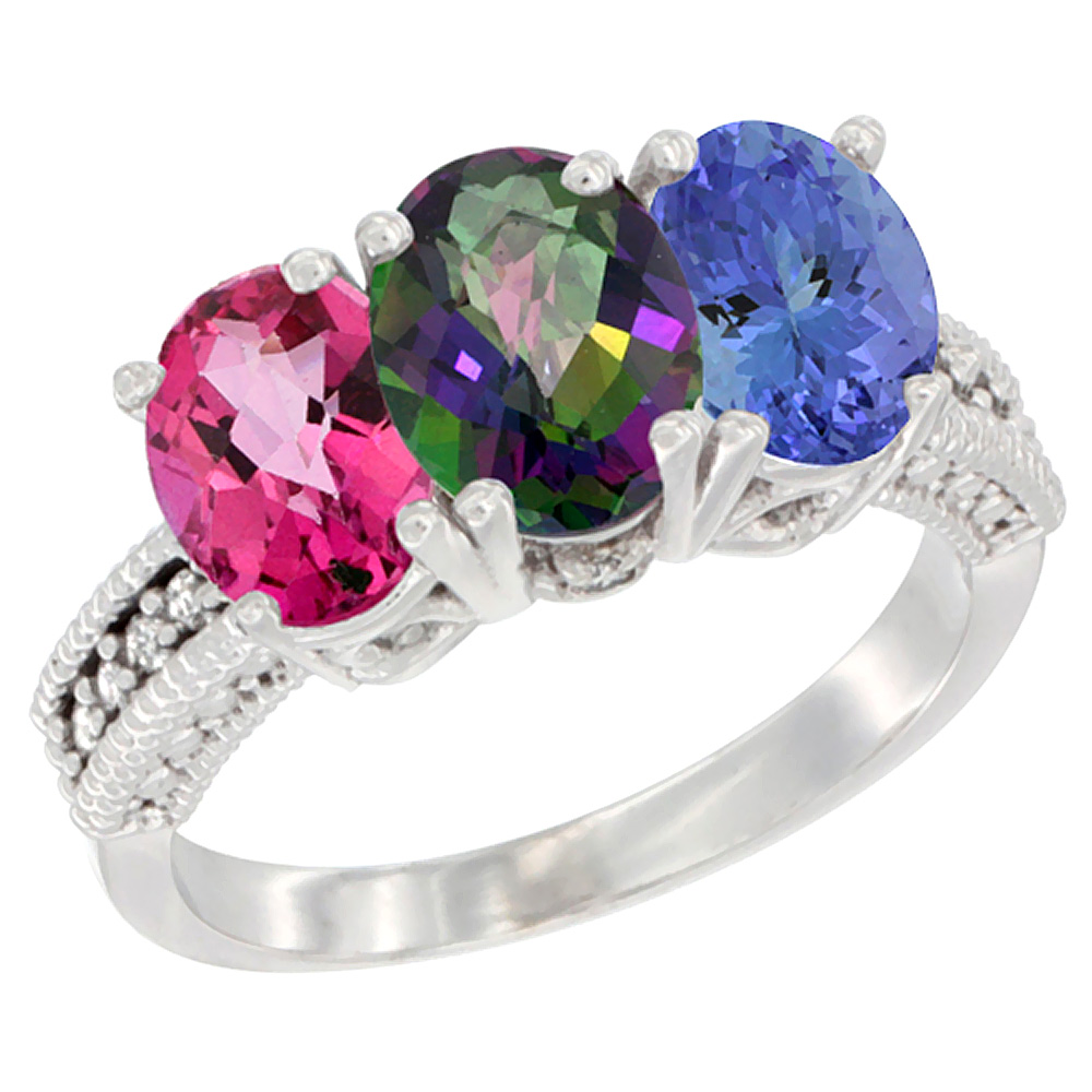 14K White Gold Natural Pink Topaz, Mystic Topaz & Tanzanite Ring 3-Stone 7x5 mm Oval Diamond Accent, sizes 5 - 10