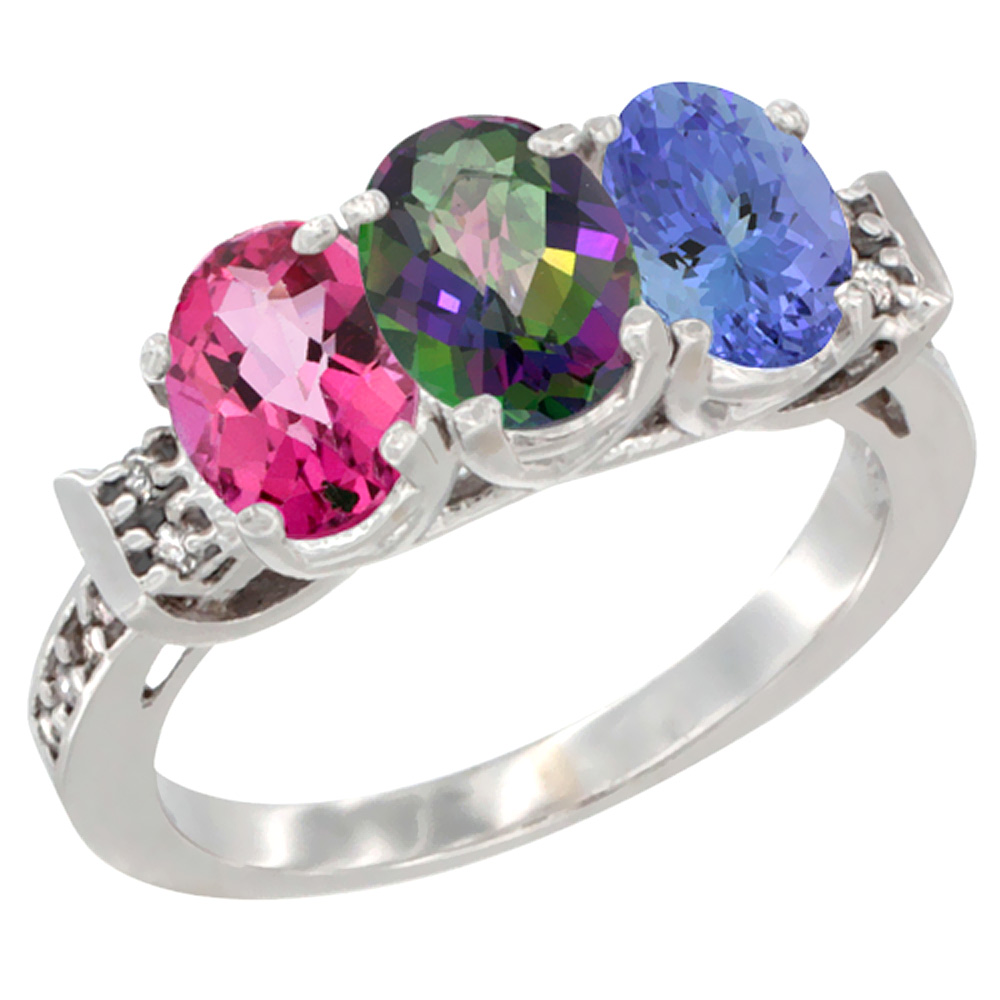 14K White Gold Natural Pink Topaz, Mystic Topaz & Tanzanite Ring 3-Stone 7x5 mm Oval Diamond Accent, sizes 5 - 10