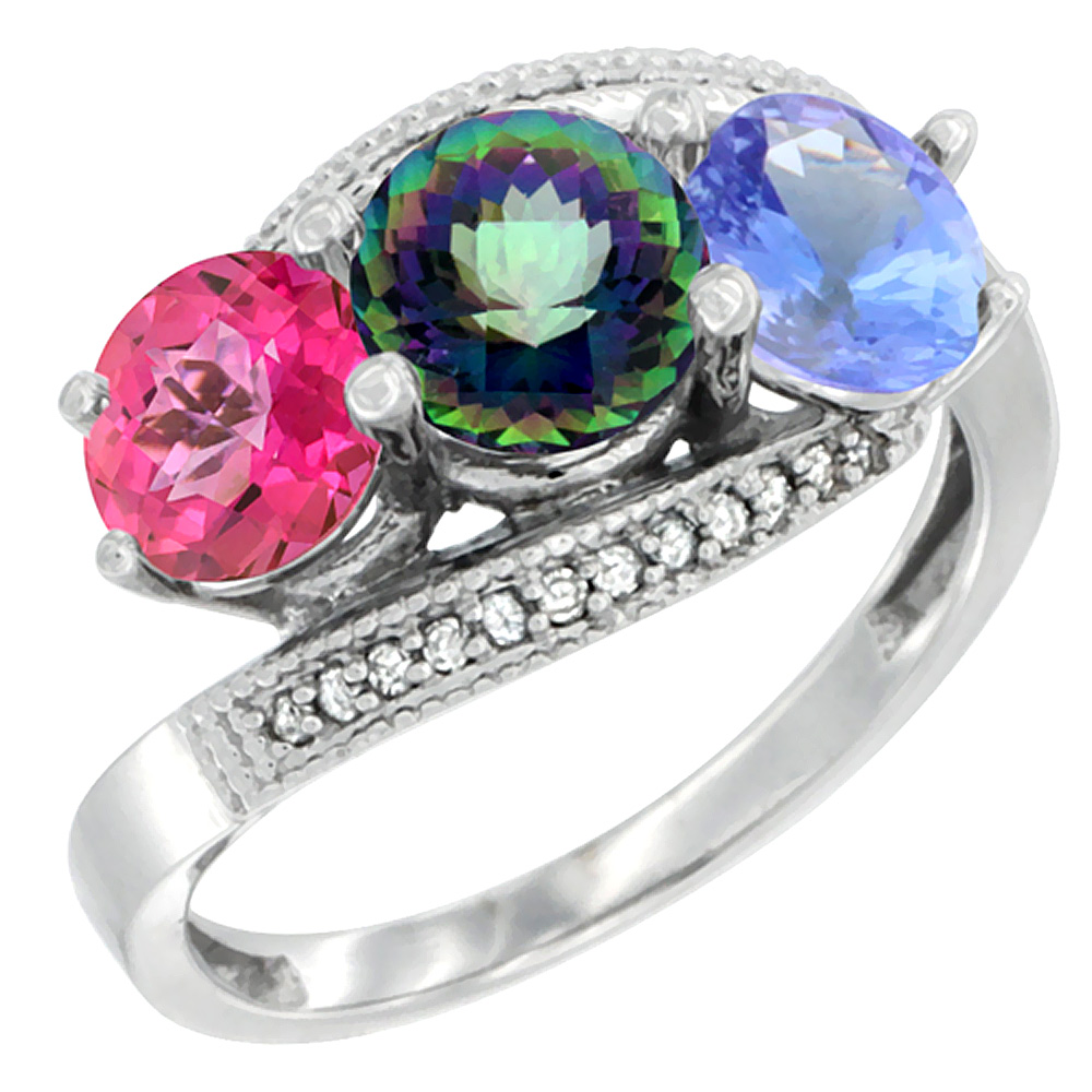 10K White Gold Natural Pink Topaz, Mystic Topaz & Tanzanite 3 stone Ring Round 6mm Diamond Accent, sizes 5 - 10