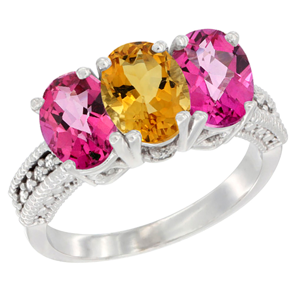 14K White Gold Natural Citrine & Pink Topaz Sides Ring 3-Stone 7x5 mm Oval Diamond Accent, sizes 5 - 10