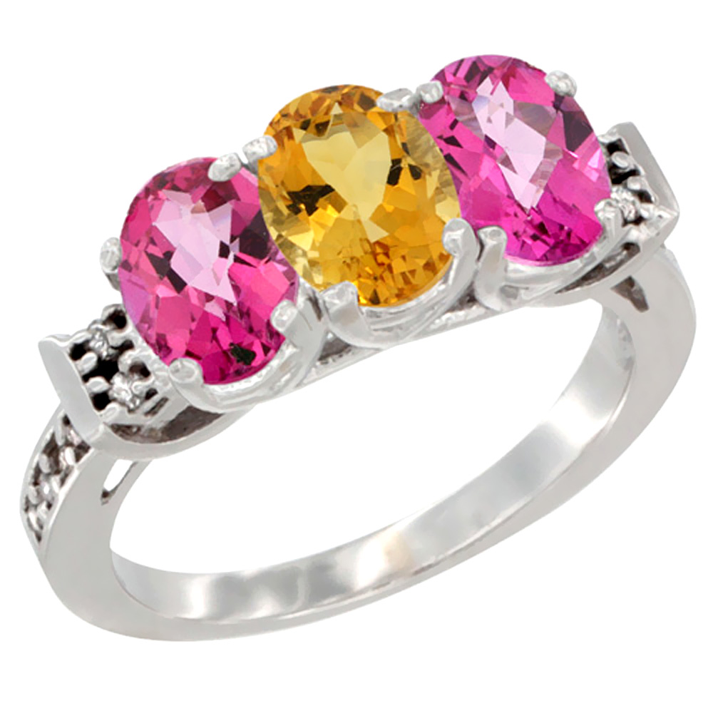 10K White Gold Natural Citrine & Pink Topaz Sides Ring 3-Stone Oval 7x5 mm Diamond Accent, sizes 5 - 10