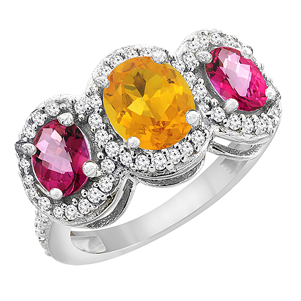 14K White Gold Natural Citrine & Pink Topaz 3-Stone Ring Oval Diamond Accent, sizes 5 - 10