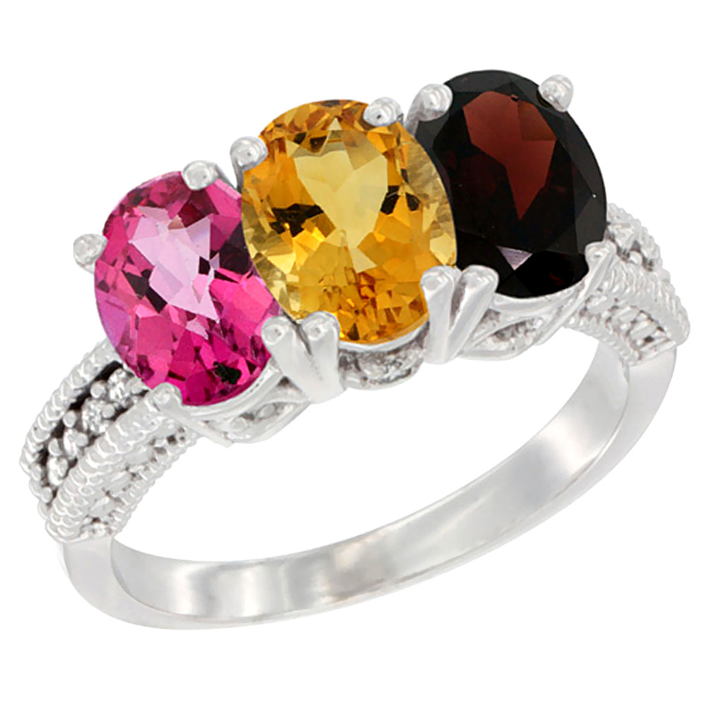 14K White Gold Natural Pink Topaz, Citrine & Garnet Ring 3-Stone 7x5 mm Oval Diamond Accent, sizes 5 - 10