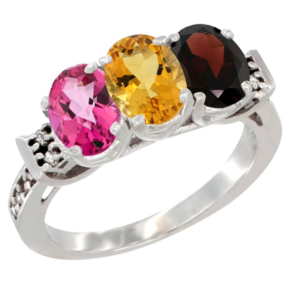 14K White Gold Natural Pink Topaz, Citrine &amp; Garnet Ring 3-Stone 7x5 mm Oval Diamond Accent, sizes 5 - 10