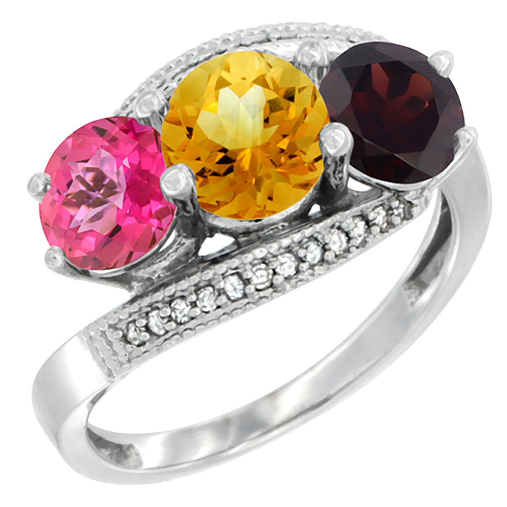 14K White Gold Natural Pink Topaz, Citrine & Garnet 3 stone Ring Round 6mm Diamond Accent, sizes 5 - 10