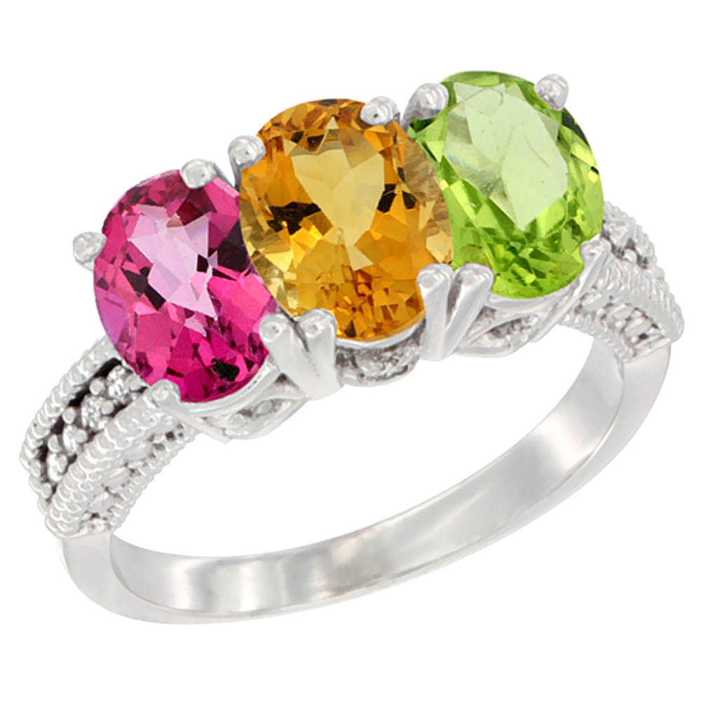 14K White Gold Natural Pink Topaz, Citrine & Peridot Ring 3-Stone 7x5 mm Oval Diamond Accent, sizes 5 - 10