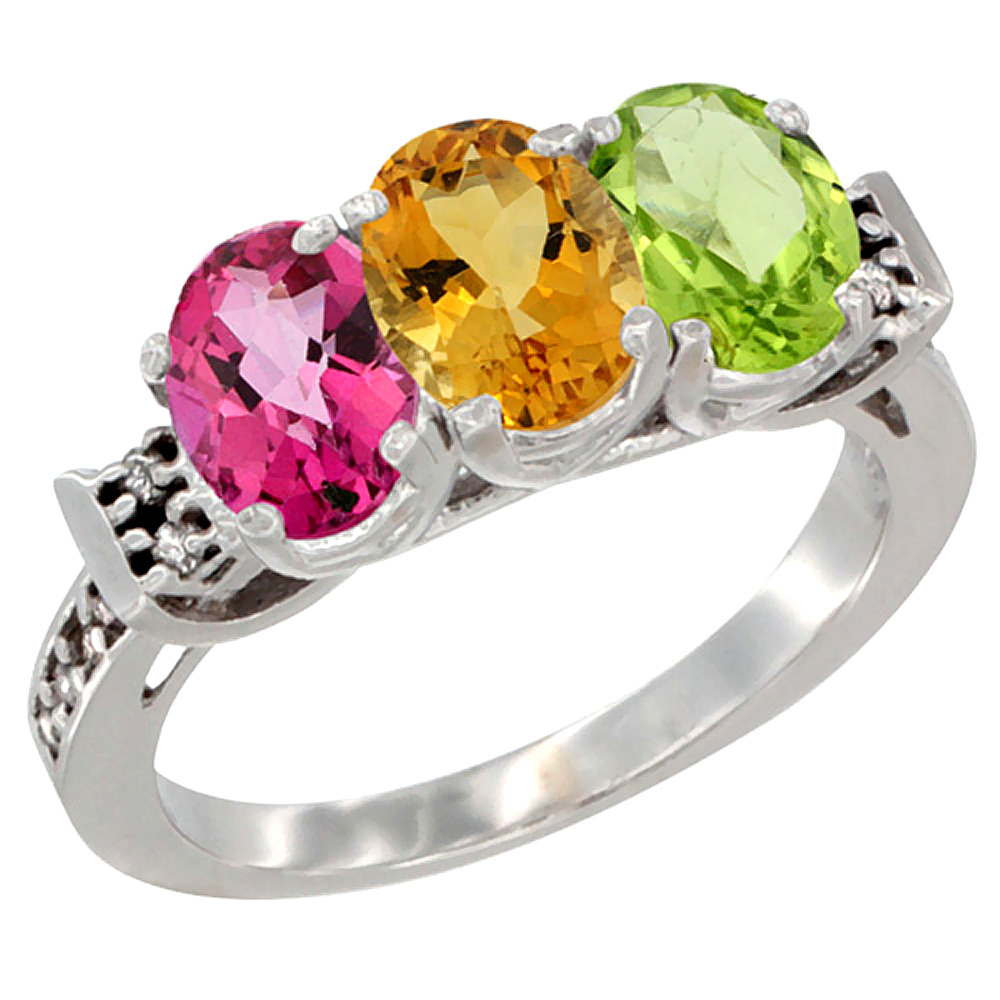 14K White Gold Natural Pink Topaz, Citrine &amp; Peridot Ring 3-Stone 7x5 mm Oval Diamond Accent, sizes 5 - 10