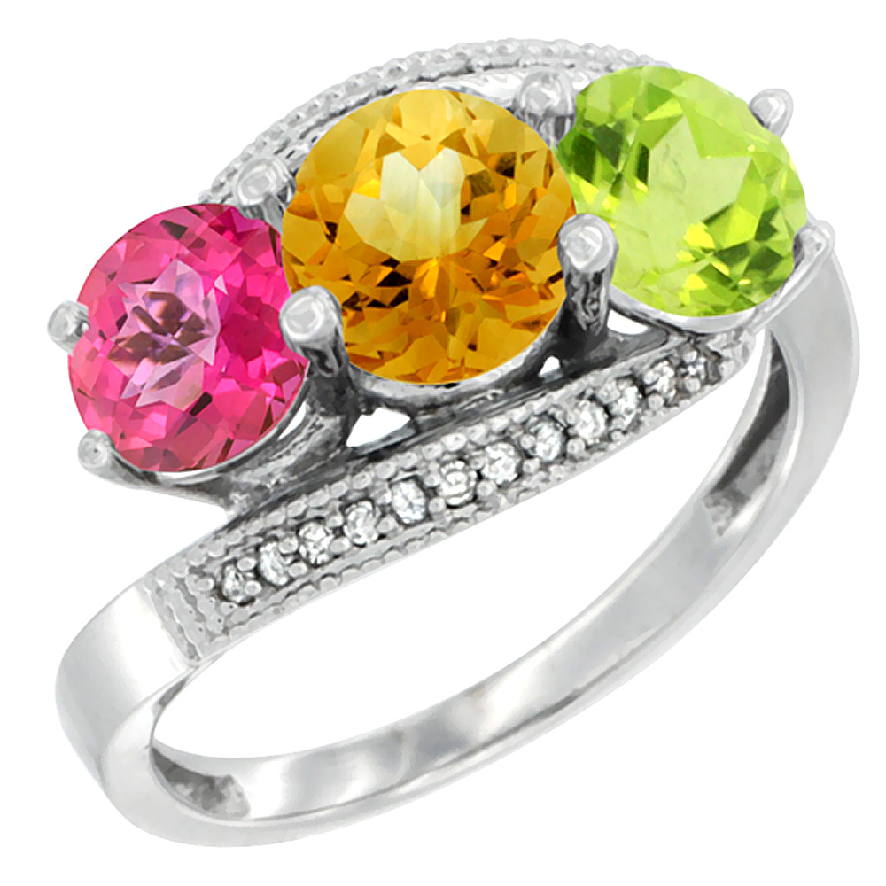 10K White Gold Natural Pink Topaz, Citrine & Peridot 3 stone Ring Round 6mm Diamond Accent, sizes 5 - 10