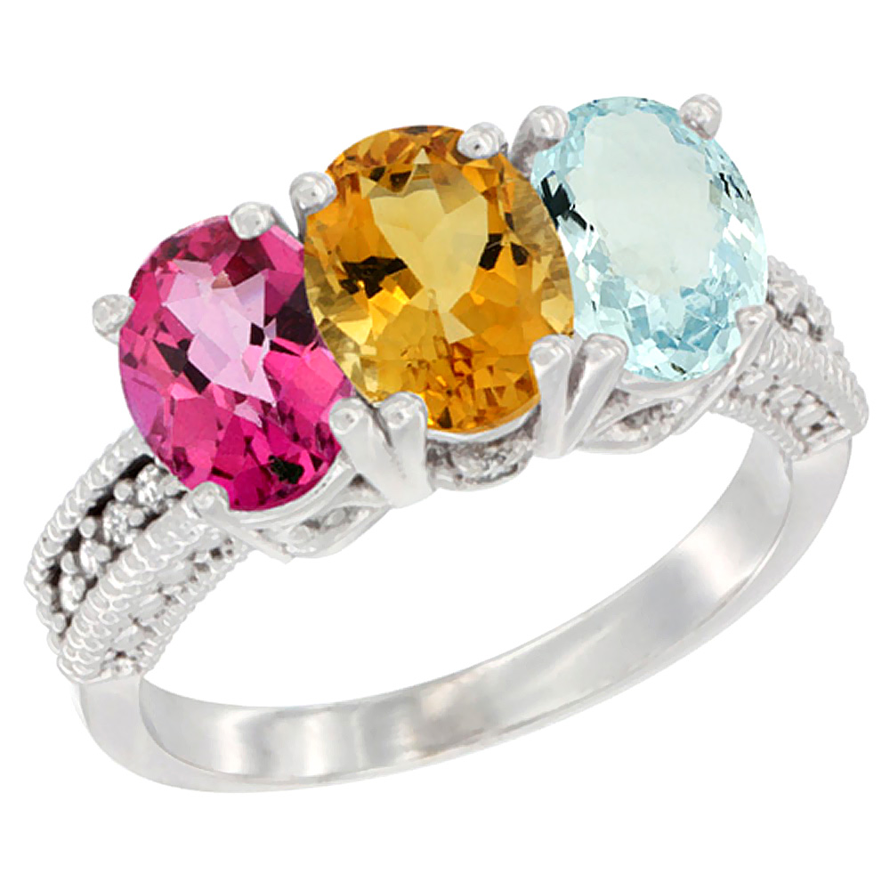 14K White Gold Natural Pink Topaz, Citrine & Aquamarine Ring 3-Stone 7x5 mm Oval Diamond Accent, sizes 5 - 10