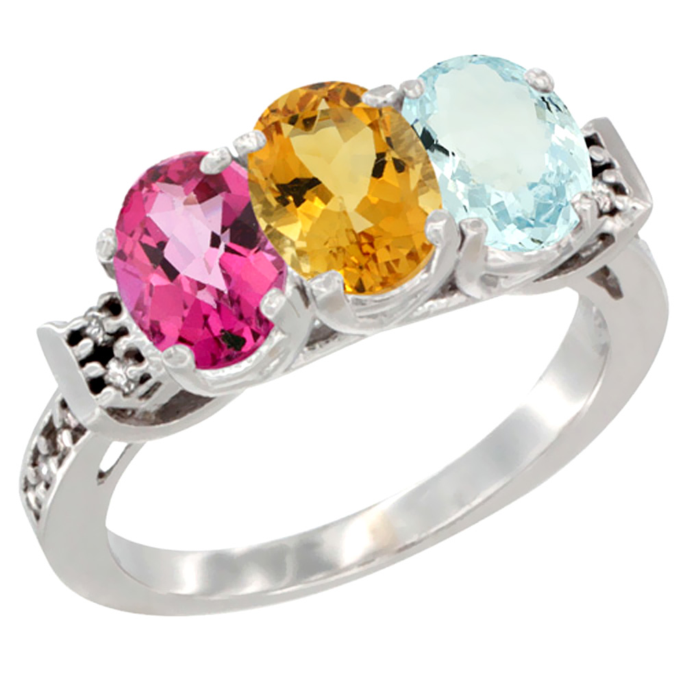 10K White Gold Natural Pink Topaz, Citrine & Aquamarine Ring 3-Stone Oval 7x5 mm Diamond Accent, sizes 5 - 10